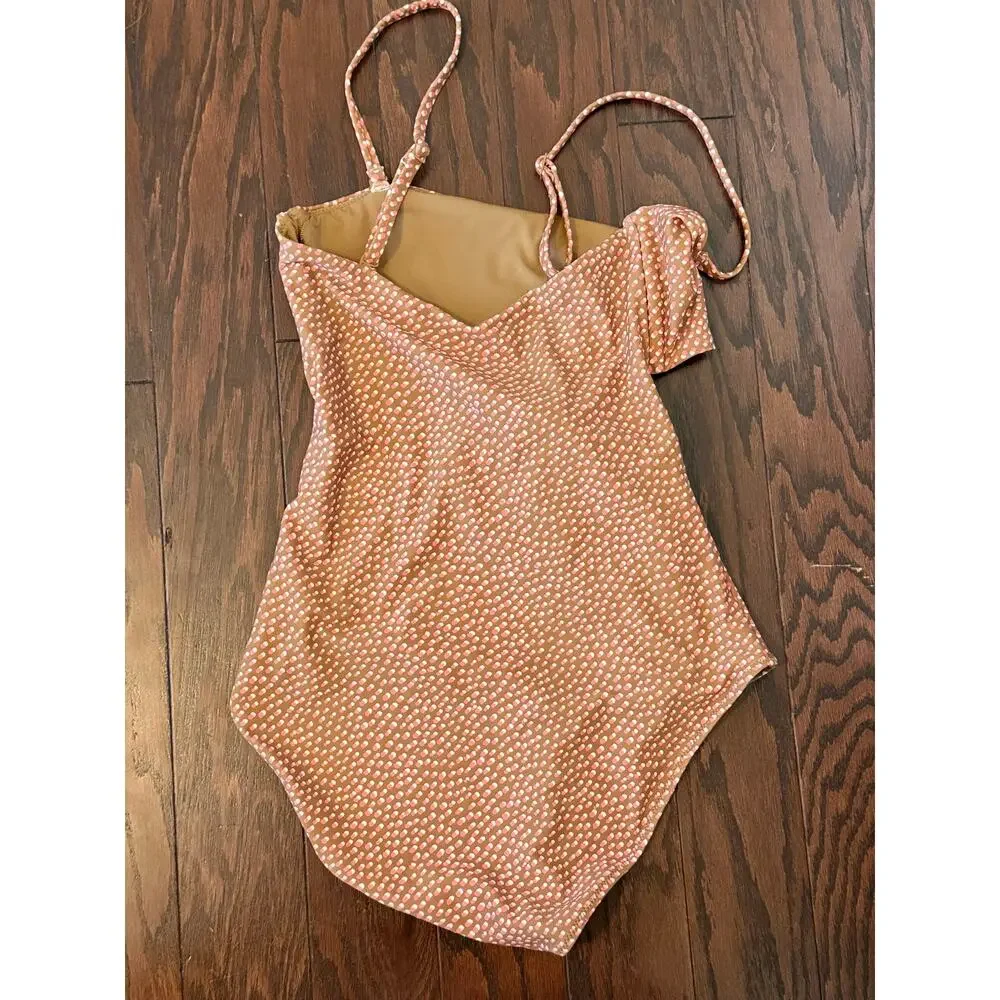 Aerie Wrap Strapless One Piece Swimsuit Brown Pink Dot Print Cutout Tie Front M